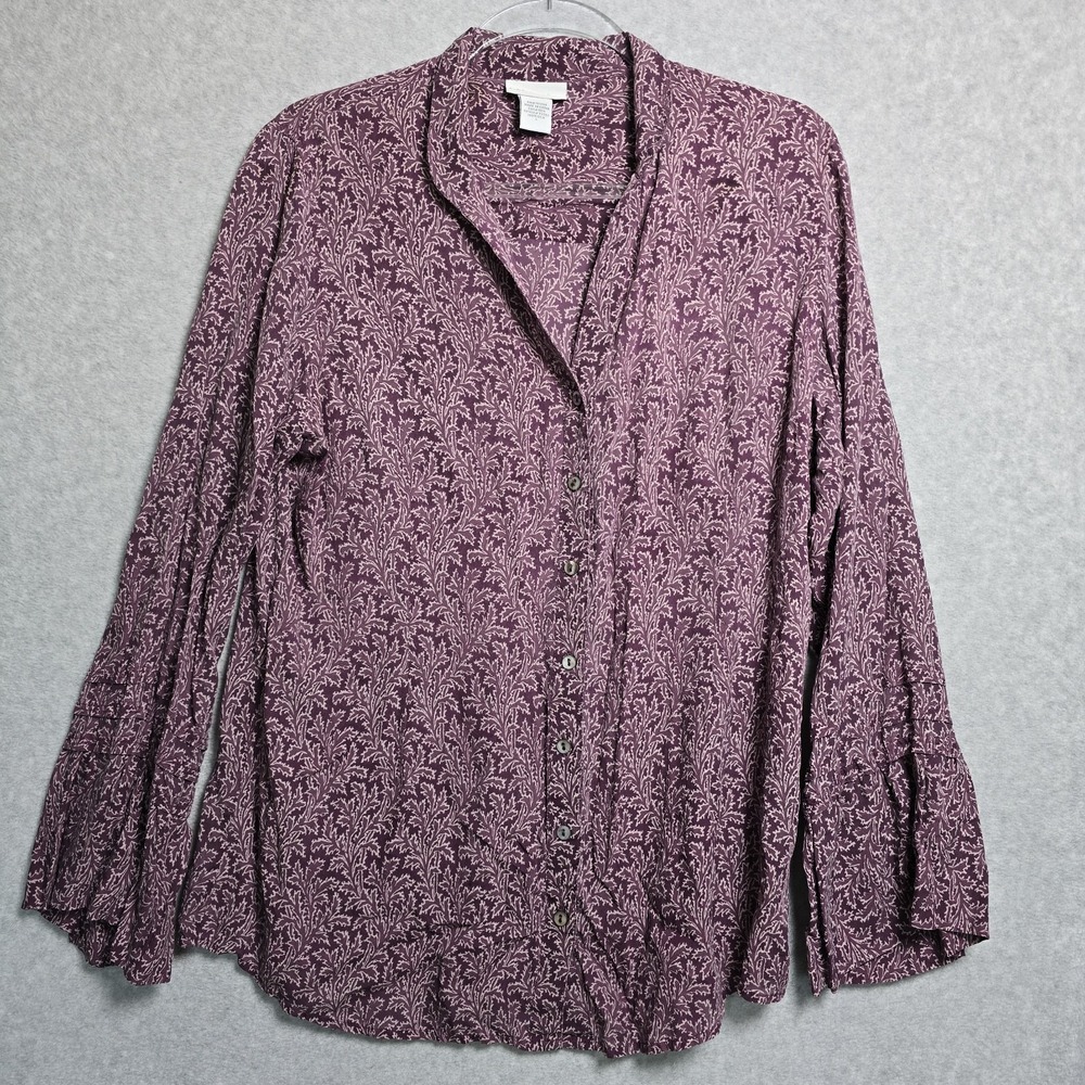 Soft Surroundings Women Large Button Up Lightweight Silk Blouse Bell Sleeve Work